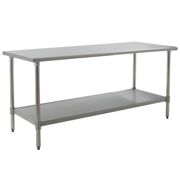 A long stainless steel Eagle Group work table with an undershelf.