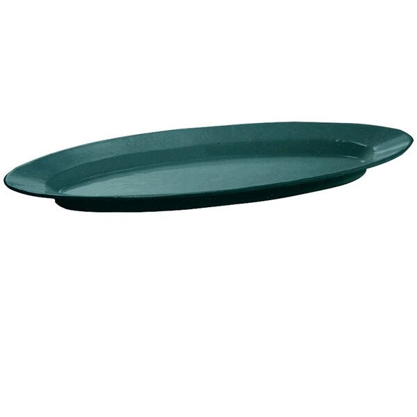 A hunter green oval cast aluminum King Fish platter with a handle.