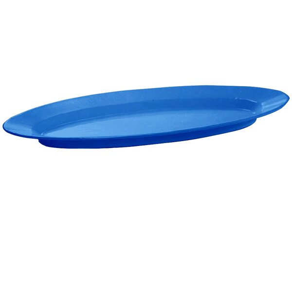 A blue cast aluminum oval plate with a curved edge.