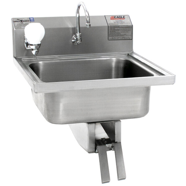 A Eagle Group stainless steel wall mount hand sink with a knee pedal faucet.