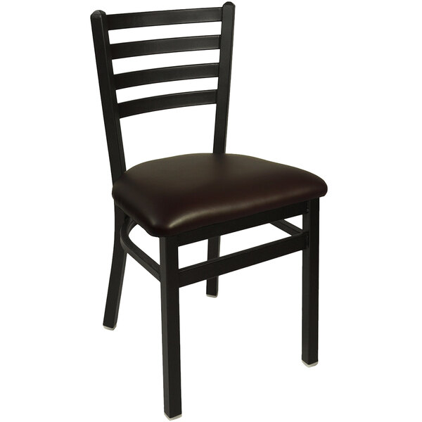 A BFM Seating black steel side chair with a dark brown vinyl seat.
