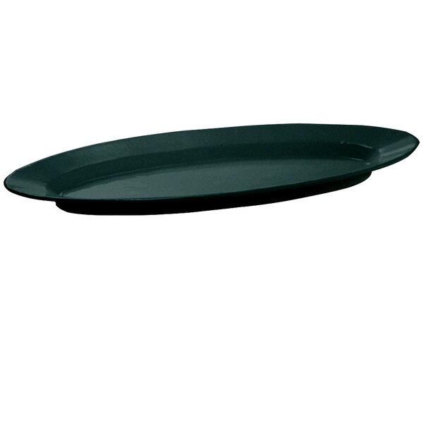 A black oval Tablecraft cast aluminum platter with a green speckled edge.