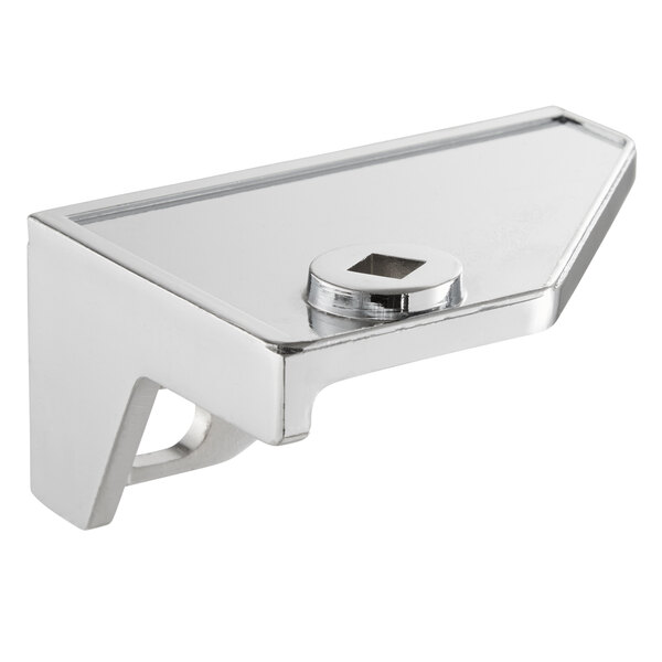 A silver metal bottom left hinge pivot with a square hole.
