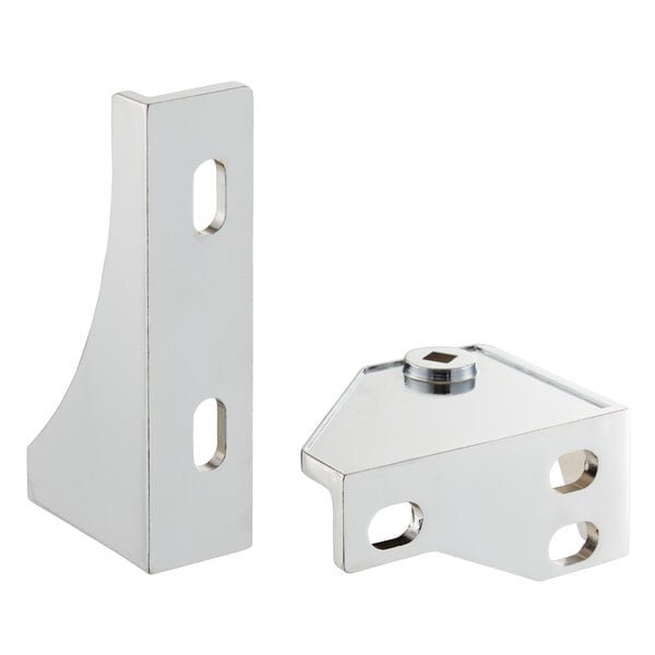 A pair of silver metal brackets with holes.