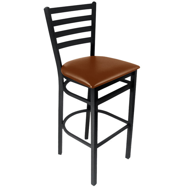 A BFM Seating black steel bar chair with a light brown cushion.