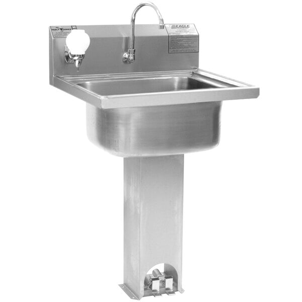 A stainless steel Eagle Group pedestal hand sink with a foot pedal faucet.