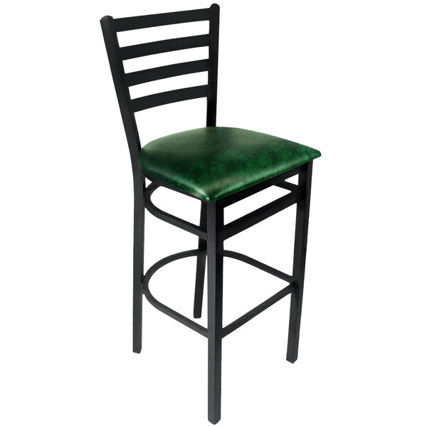 A black steel BFM Seating bar chair with a green vinyl seat.