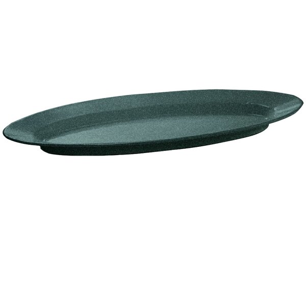 A black oval Tablecraft cast aluminum platter with a handle.