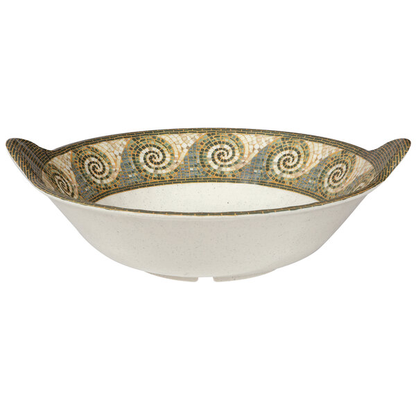 A white melamine bowl with a mosaic swirl design on the border.