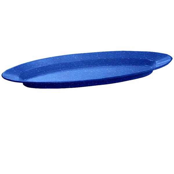 A blue rectangular cast aluminum platter with white specks and a handle.