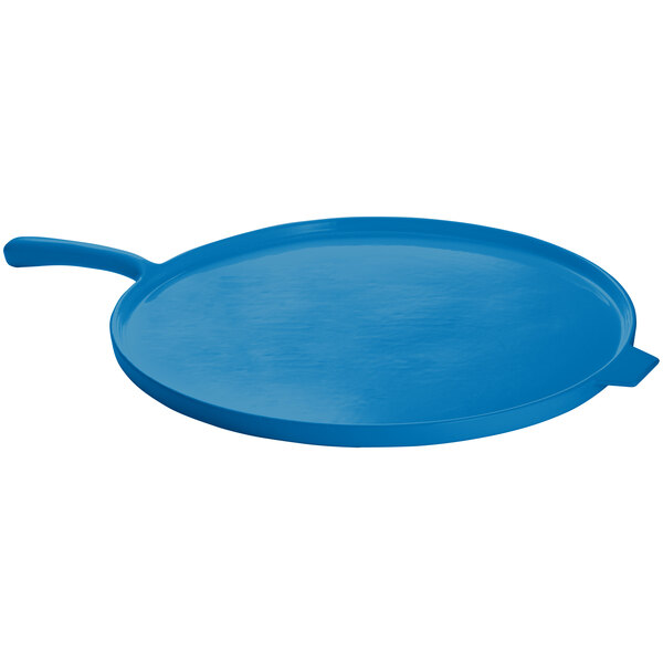A sky blue cast aluminum pizza tray with a white handle.