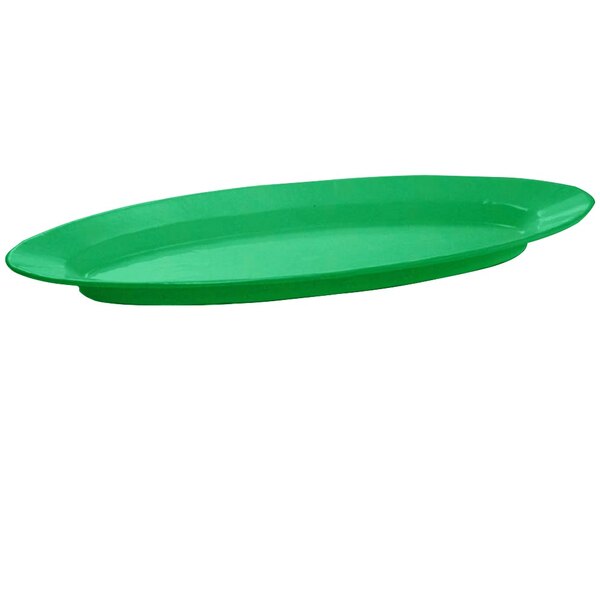 A green rectangular cast aluminum Tablecraft King Fish Platter.