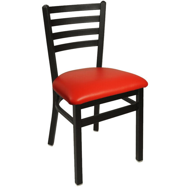 A BFM Seating Lima black steel side chair with red seat.