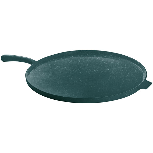 A Tablecraft hunter green cast aluminum pizza tray with a handle.