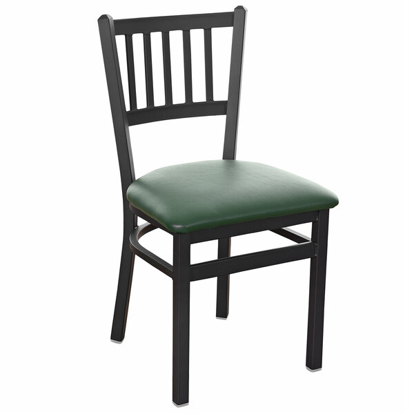 A BFM Seating Troy black steel side chair with a green cushion.