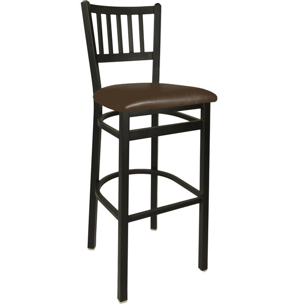 A BFM Seating Troy black steel bar height chair with dark brown vinyl seat cushion.