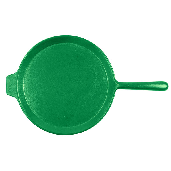 A Tablecraft green cast aluminum pizza tray with handle.