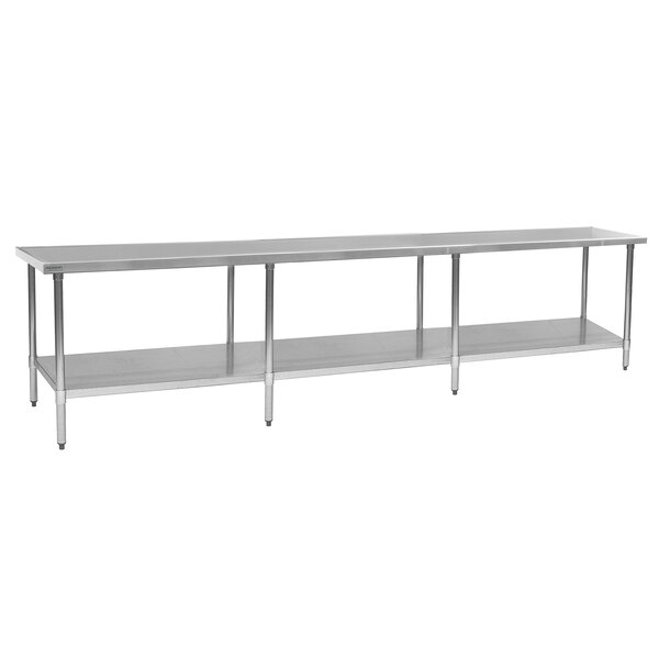 A long stainless steel Eagle Group work table with a shelf underneath.
