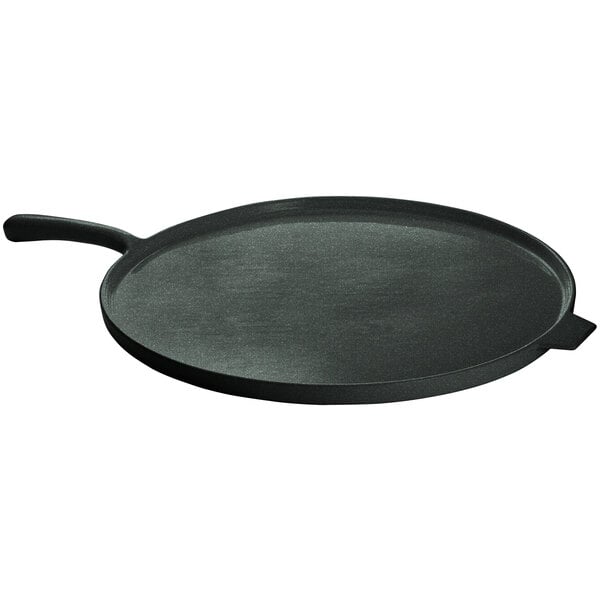 A black Tablecraft cast aluminum pizza tray with a handle.