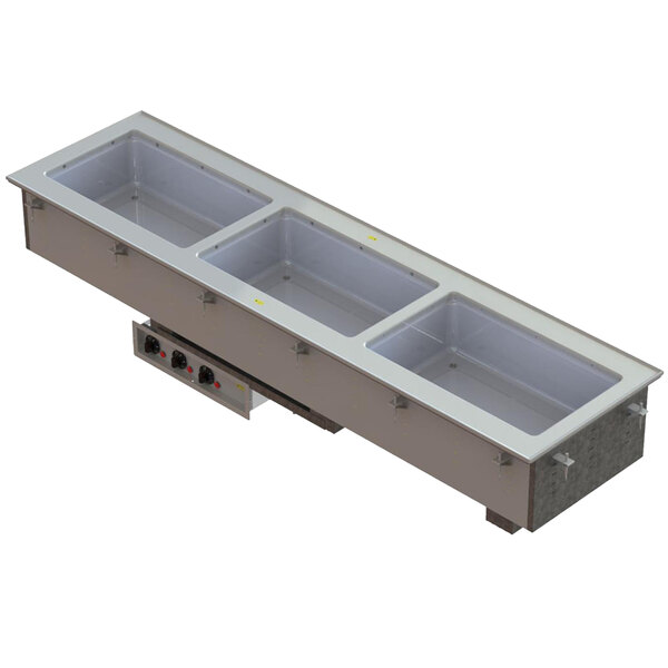 A white rectangular Vollrath drop-in hot food well with two compartments on the short side.