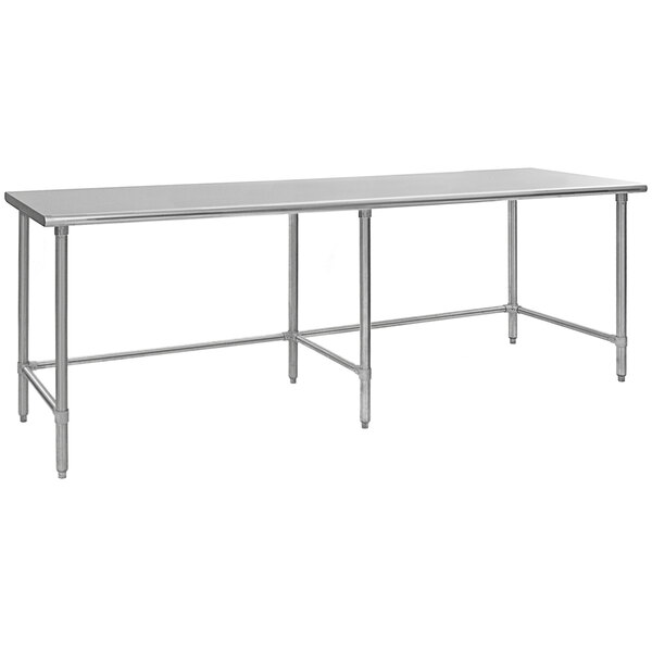 An Eagle Group stainless steel open base work table with a long rectangular top.
