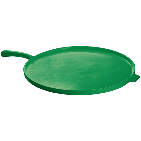 A green Tablecraft cast aluminum pizza tray with a handle.
