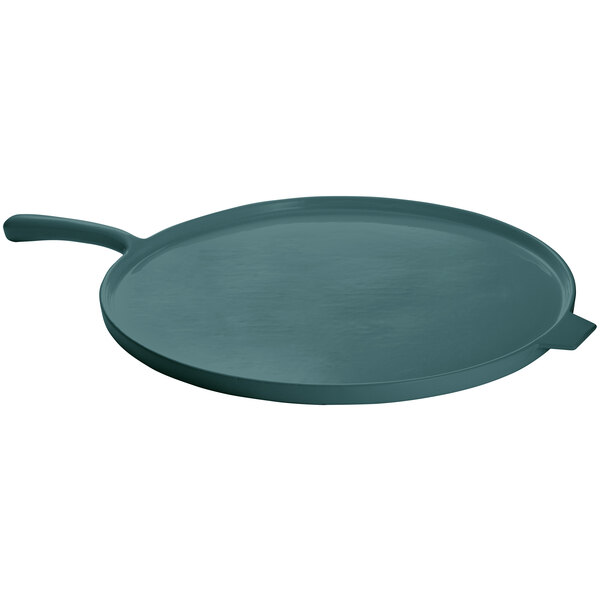 A close-up of a Tablecraft round green cast aluminum pizza tray with a handle.