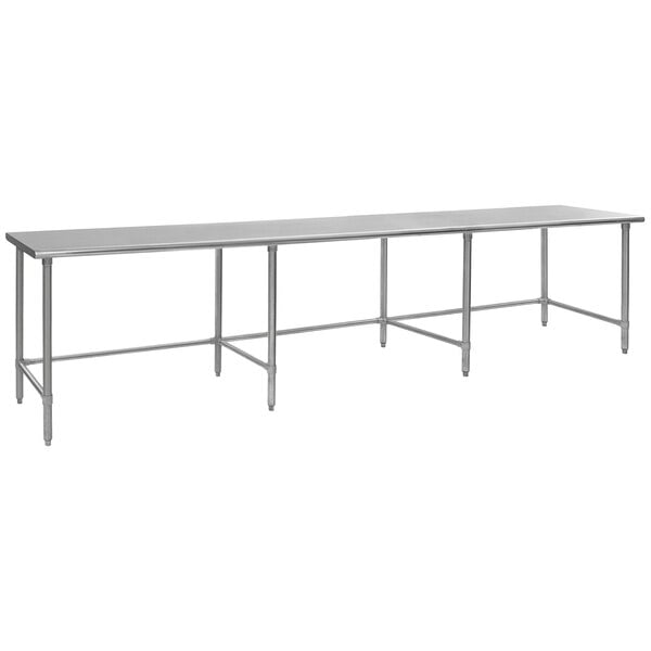 An Eagle Group stainless steel rectangular work table with metal legs.