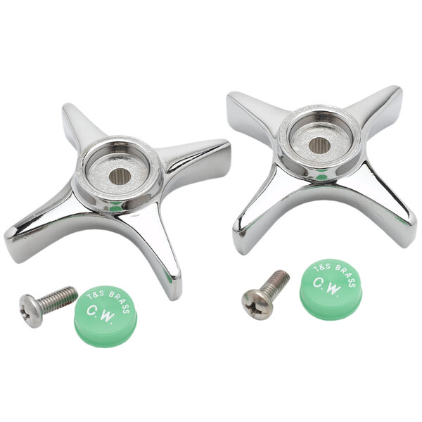 Two silver metal T&S faucet handles with green buttons.