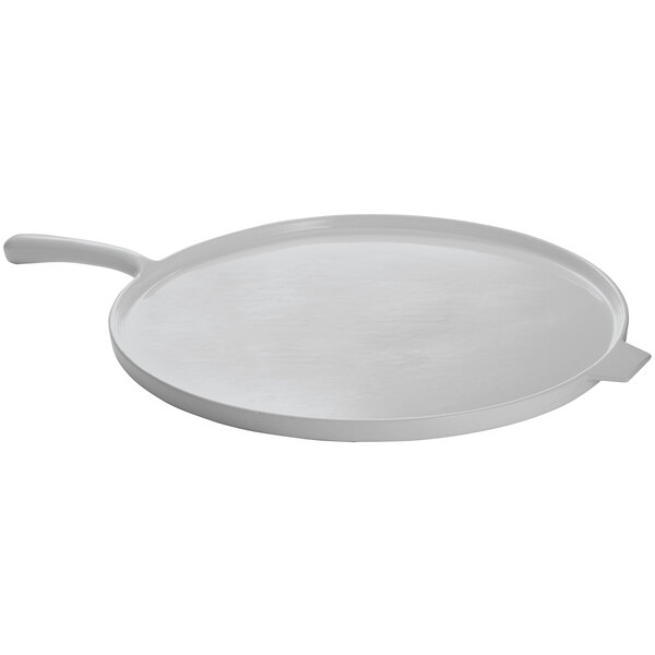 A gray round pizza tray with a handle.