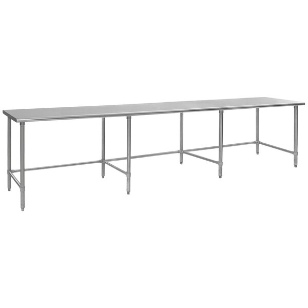 An Eagle Group stainless steel work table with an open base and metal legs.
