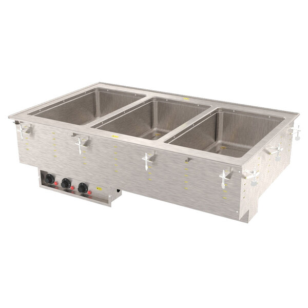 A Vollrath drop-in hot food well with three large stainless steel compartments.