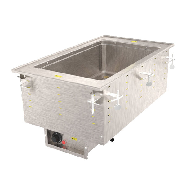 A stainless steel Vollrath drop-in hot food well on a counter.