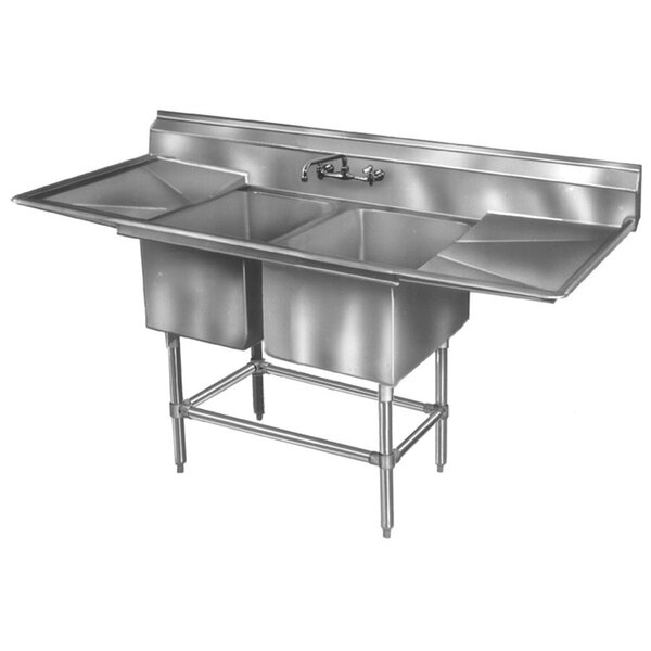 A large stainless steel Eagle Group 2 compartment sink with two sinks and a left drainboard.