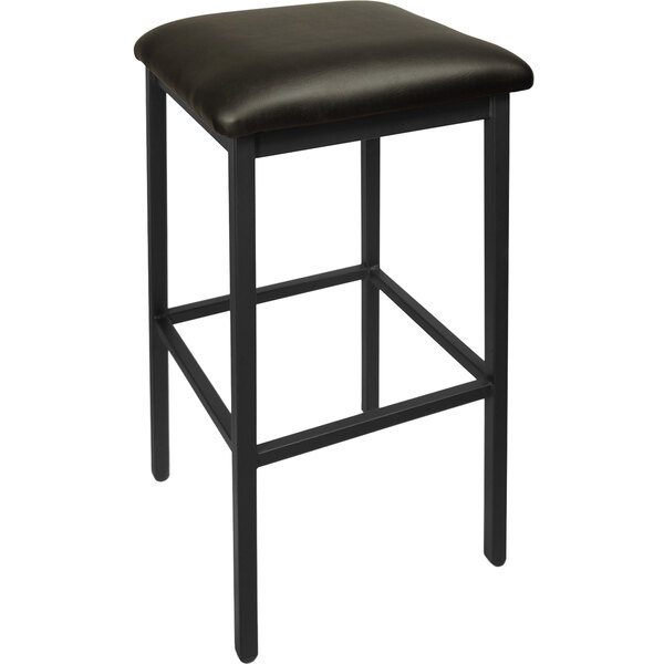 A BFM Seating black steel restaurant bar stool with a black cushioned seat.