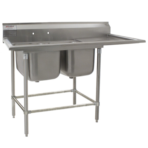 A stainless steel Eagle Group 2-compartment sink with two large bowls and a right drainboard.