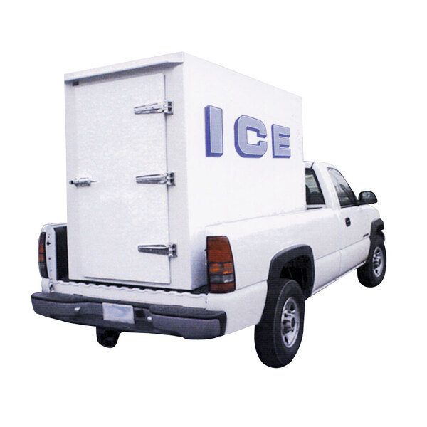 A white truck with a large white box on the back.