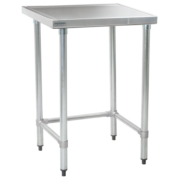 A stainless steel Eagle Group work table with a metal base.