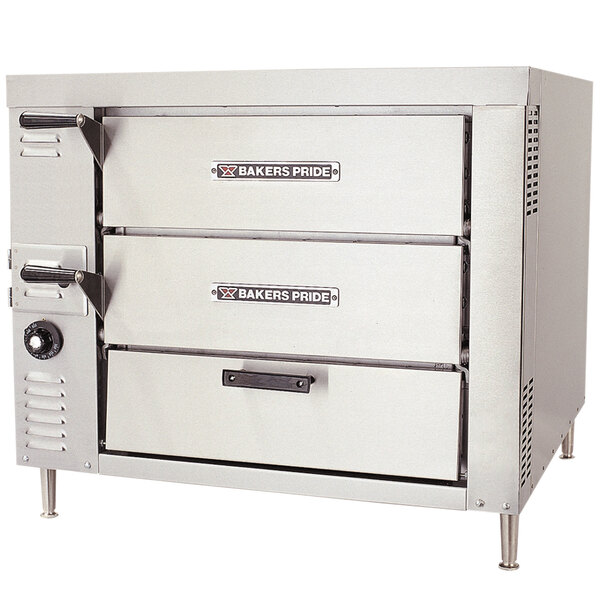 A large stainless steel Bakers Pride Countertop Pizza Oven with two drawers.