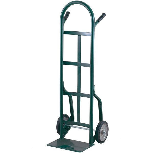 A green Harper steel hand truck with wheels and dual pin handles.
