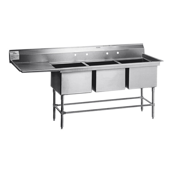 A stainless steel Eagle Group 3-compartment sink with two 20" x 18" sinks and an 18" drainboard.
