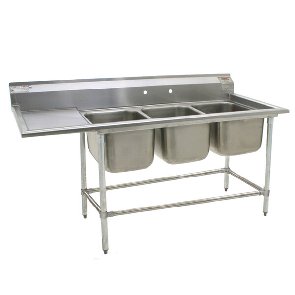 A Eagle Group stainless steel 3-compartment sink with 2 bowls and a left drainboard.