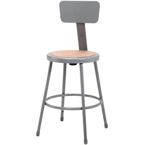A National Public Seating grey lab stool with a wooden seat.