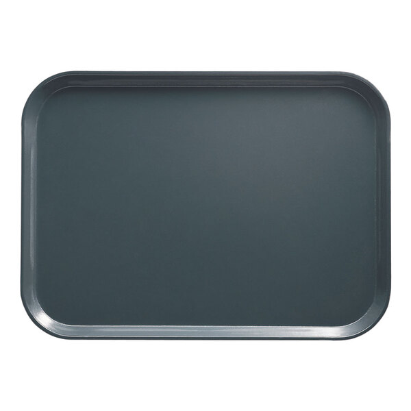 A close-up of a rectangular slate blue Cambro cafeteria tray.