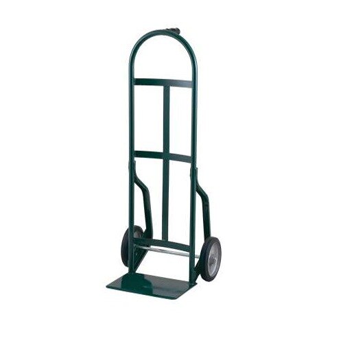 A green Harper steel hand truck with black handles and pneumatic wheels.