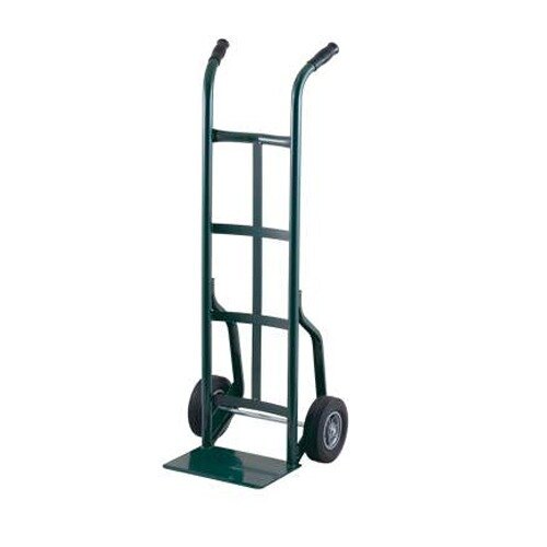 A black metal Harper hand truck with green handles and black pneumatic wheels.