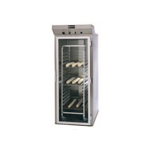 A stainless steel Doyon roll-in proofer with racks of bread.