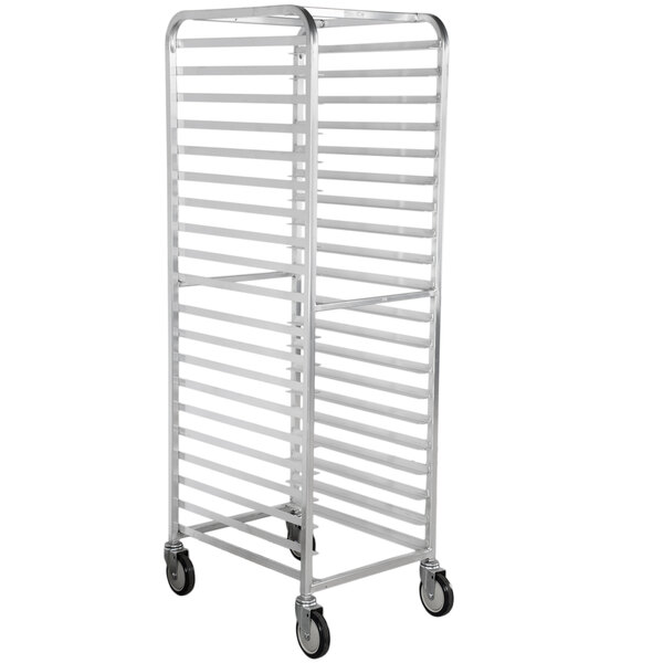 A Winholt medium-duty aluminum sheet pan rack with wheels.