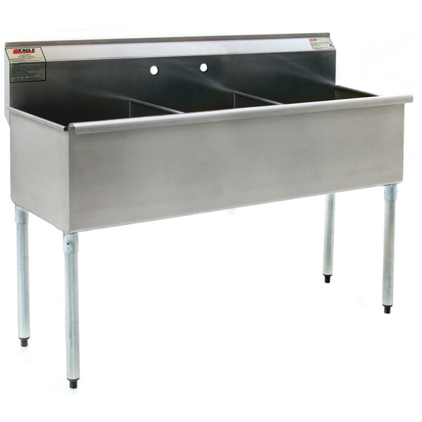 A stainless steel Eagle Group commercial sink with three compartments.