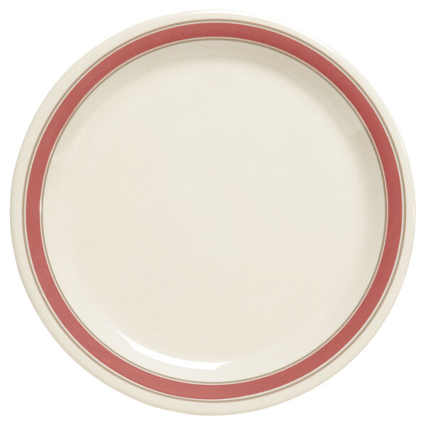 A white GET Diamond Oxford melamine plate with a red rim.